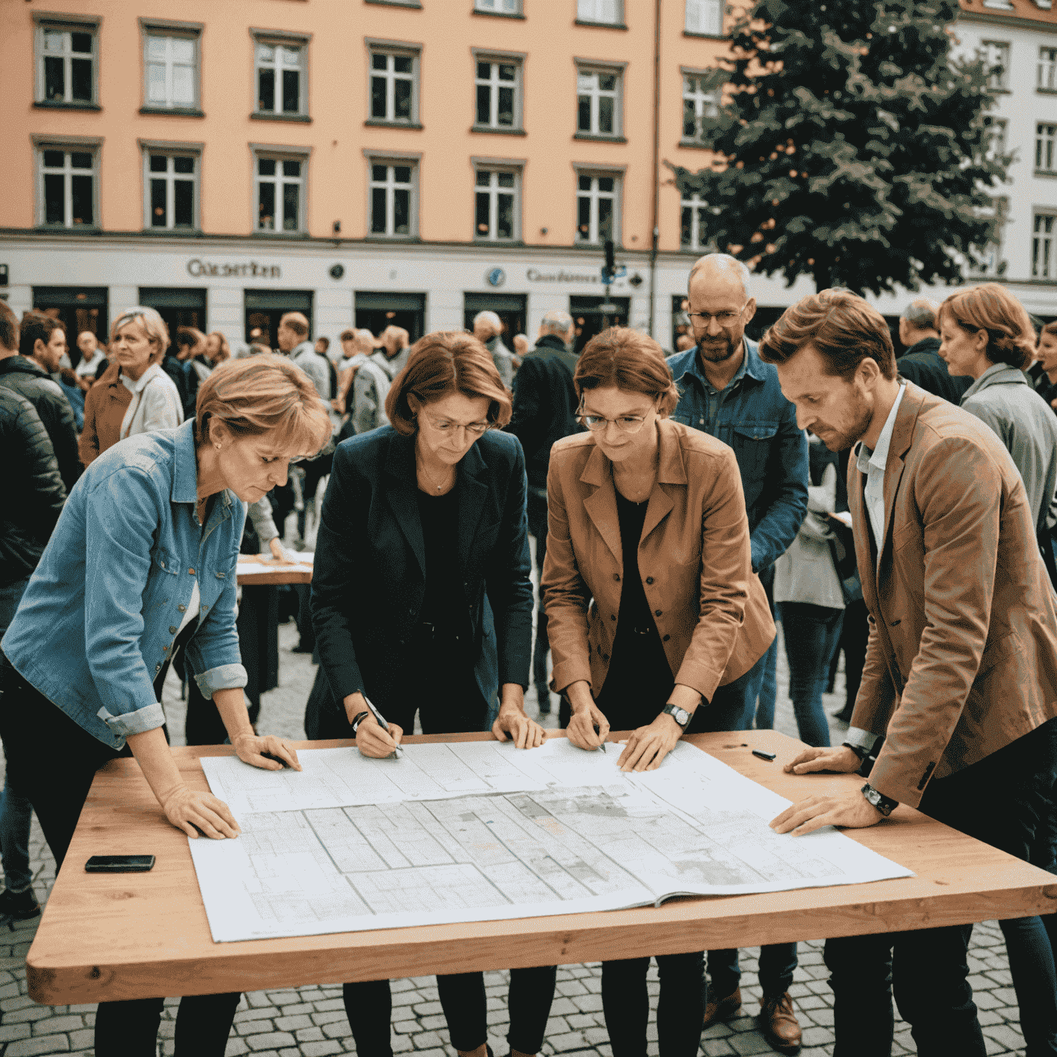 Ein Bild, das Menschen zeigt, die zusammenarbeiten und ein Gemeinschaftsprojekt in Berlin Charlottenburg planen. Sie stehen um einen Tisch herum und diskutieren über Pläne und Ideen.