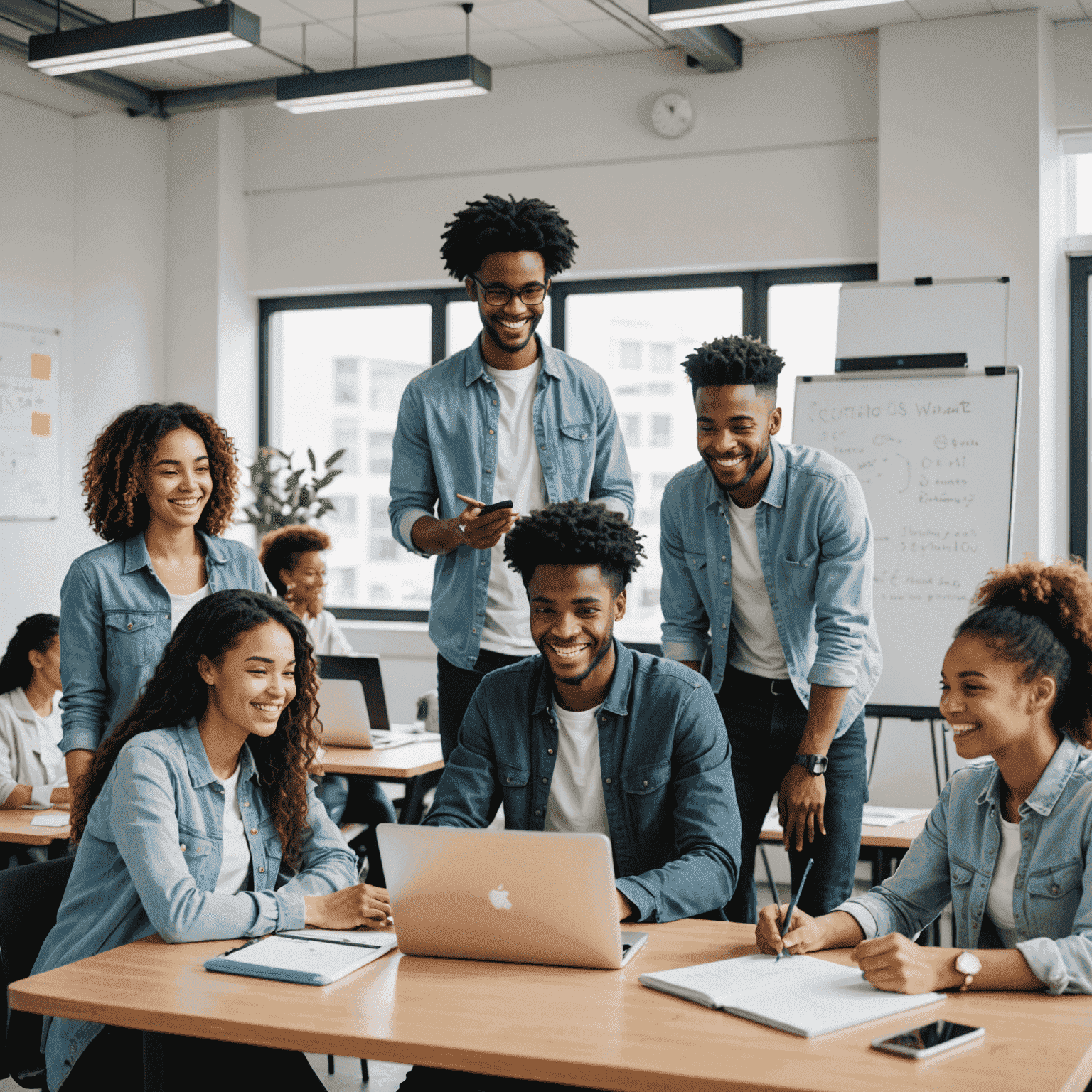 Diverse Gruppe junger Menschen, die zusammenarbeiten und lächeln, in einem hellen, modernen Raum mit Whiteboards und Laptops