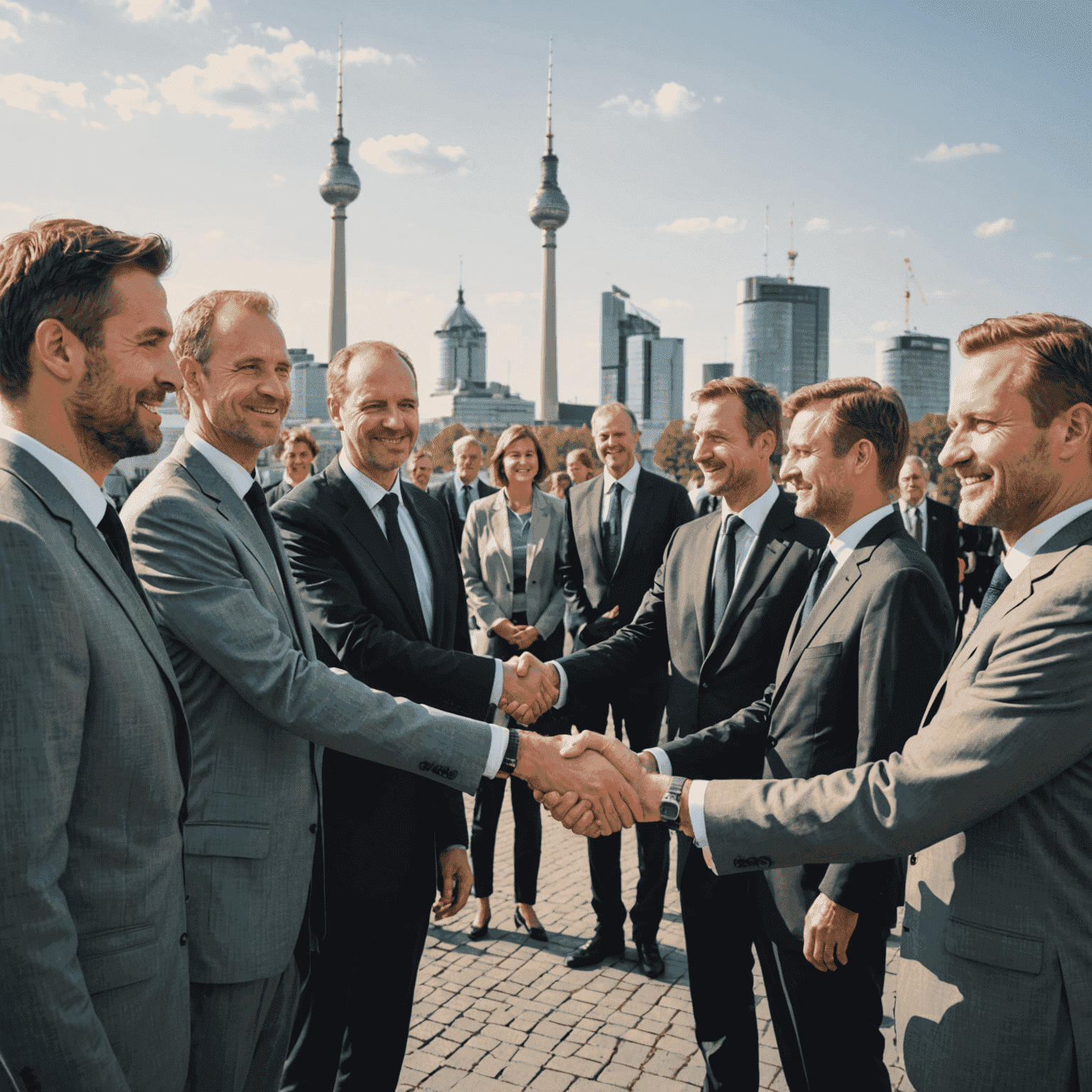 Ein Gruppenfoto von Vertretern verschiedener Organisationen, die sich die Hände reichen. Im Hintergrund ist die Skyline von Berlin zu sehen.