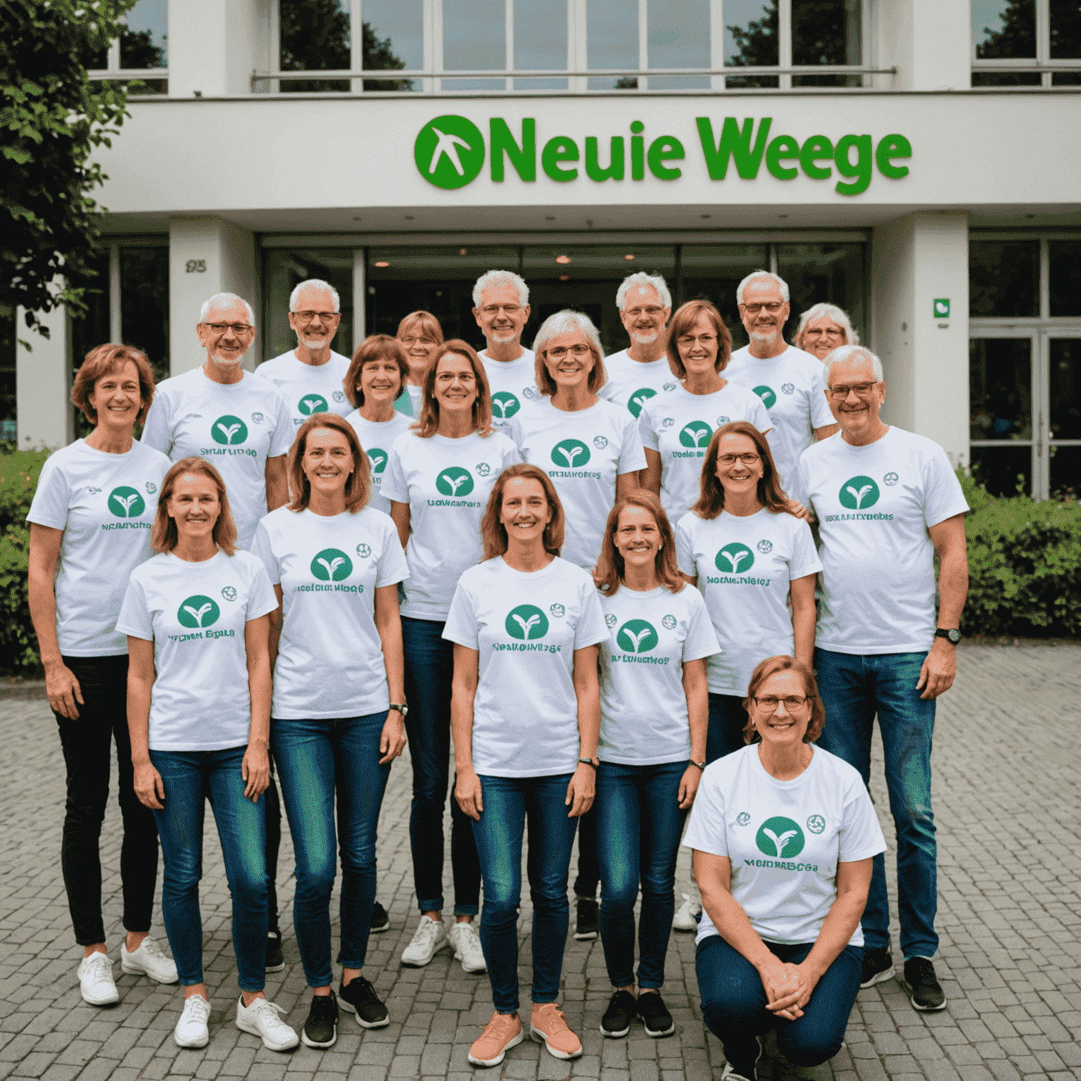 Ein Gruppenbild von lächelnden Ehrenamtlichen in verschiedenen Altersgruppen, die T-Shirts mit dem Logo von Neue_Wege tragen. Sie stehen vor einem Gemeinschaftszentrum in Berlin.