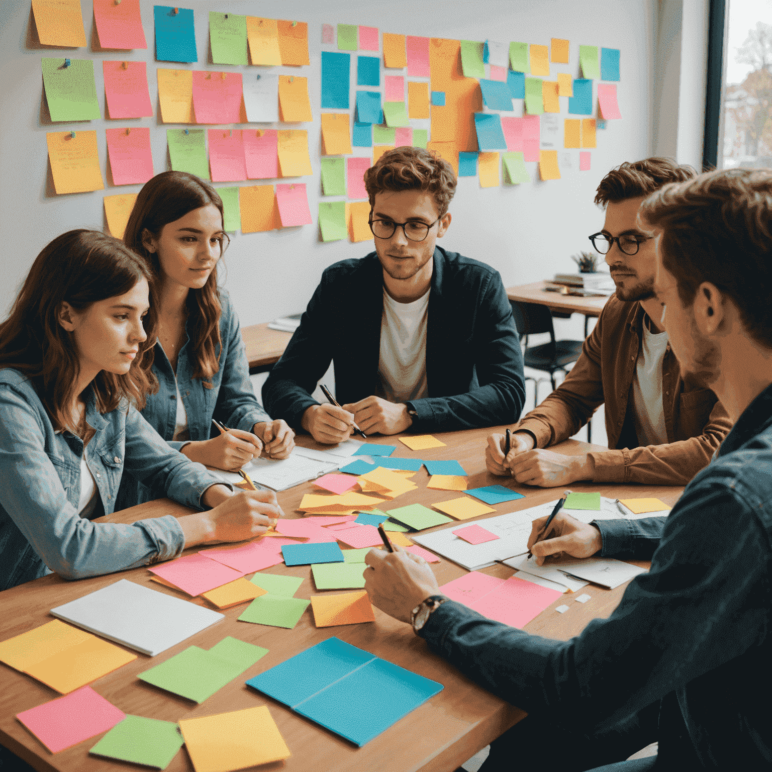 Gruppe junger Menschen, die gemeinsam an einem Tisch sitzen und an einem Projekt arbeiten, umgeben von bunten Post-its und Flipcharts