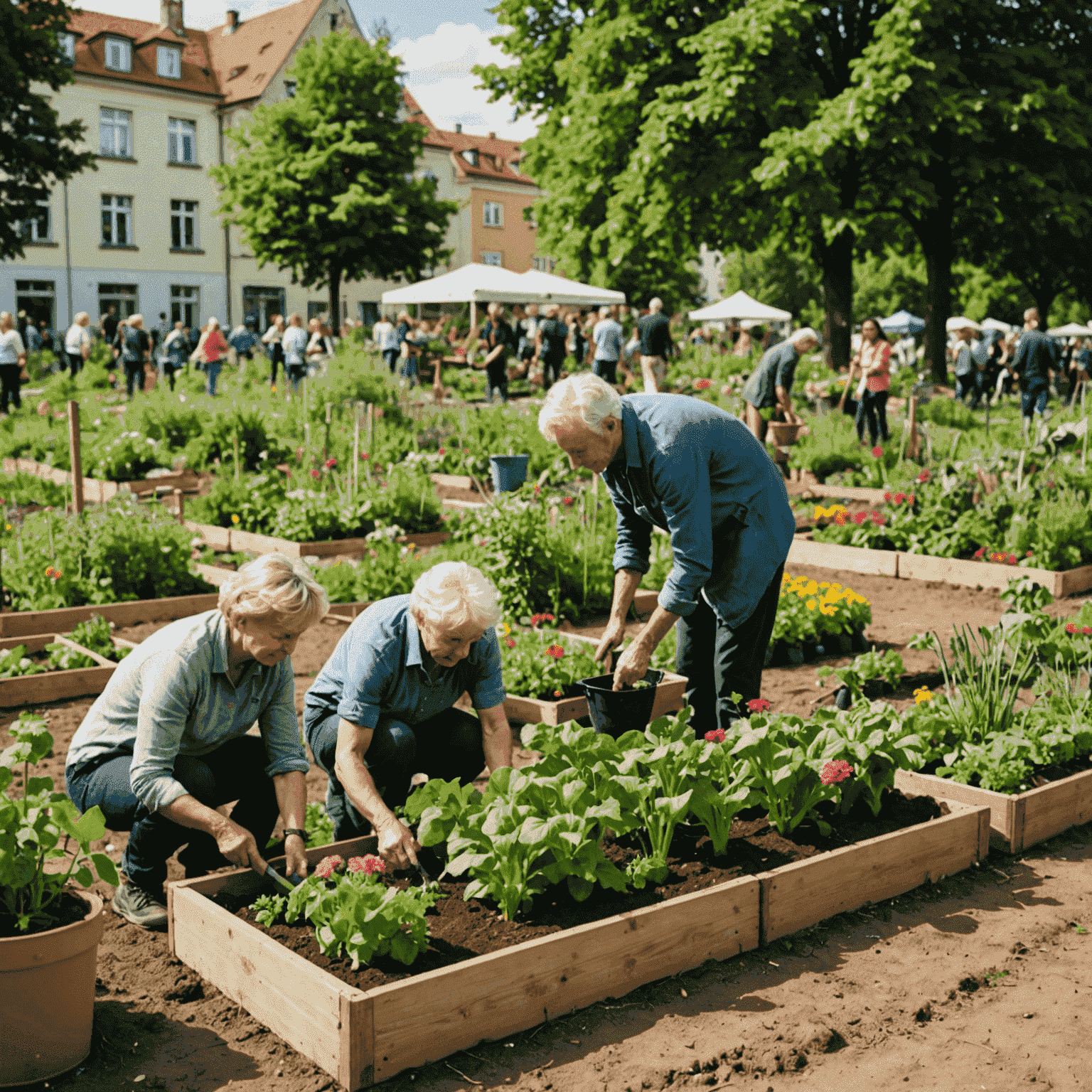 Ein blühender Gemeinschaftsgarten in Berlin-Charlottenburg. Menschen verschiedenen Alters arbeiten gemeinsam an Beeten und Pflanzen.