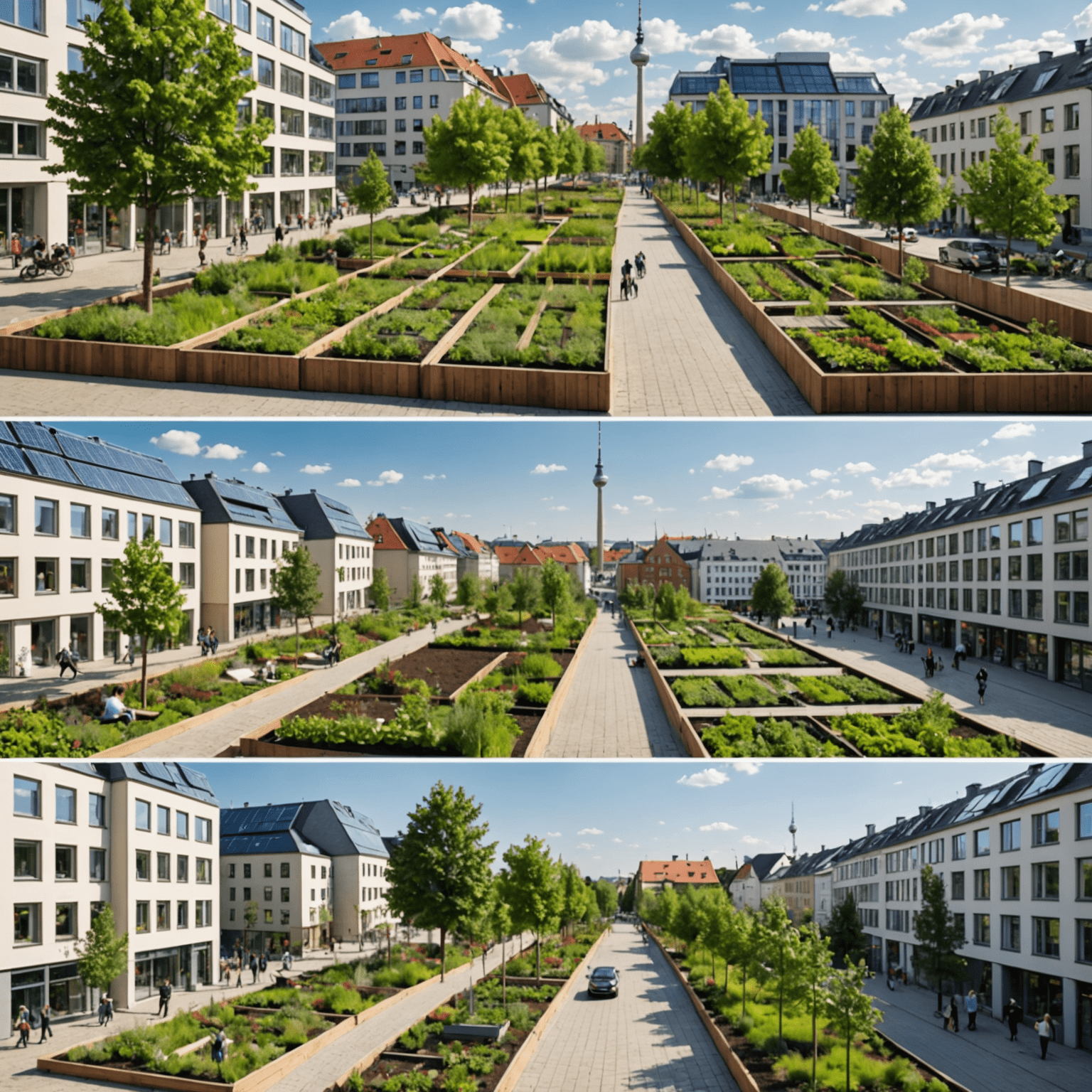 Eine Collage von verschiedenen umweltfreundlichen Projekten in Berlin, darunter Stadtgärten, Solarpanels auf Dächern und Menschen, die Bäume pflanzen.