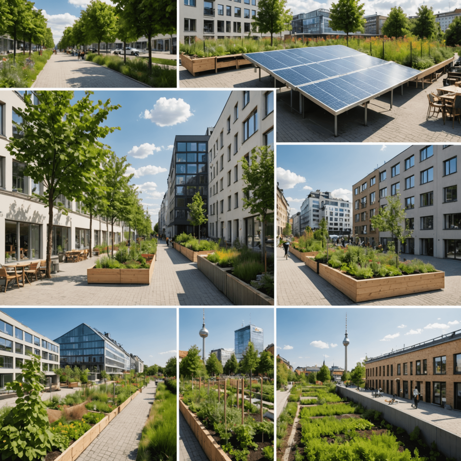 Collage von umweltfreundlichen Projekten in Berlin, wie Stadtgärten, Solaranlagen und Recycling-Initiativen
