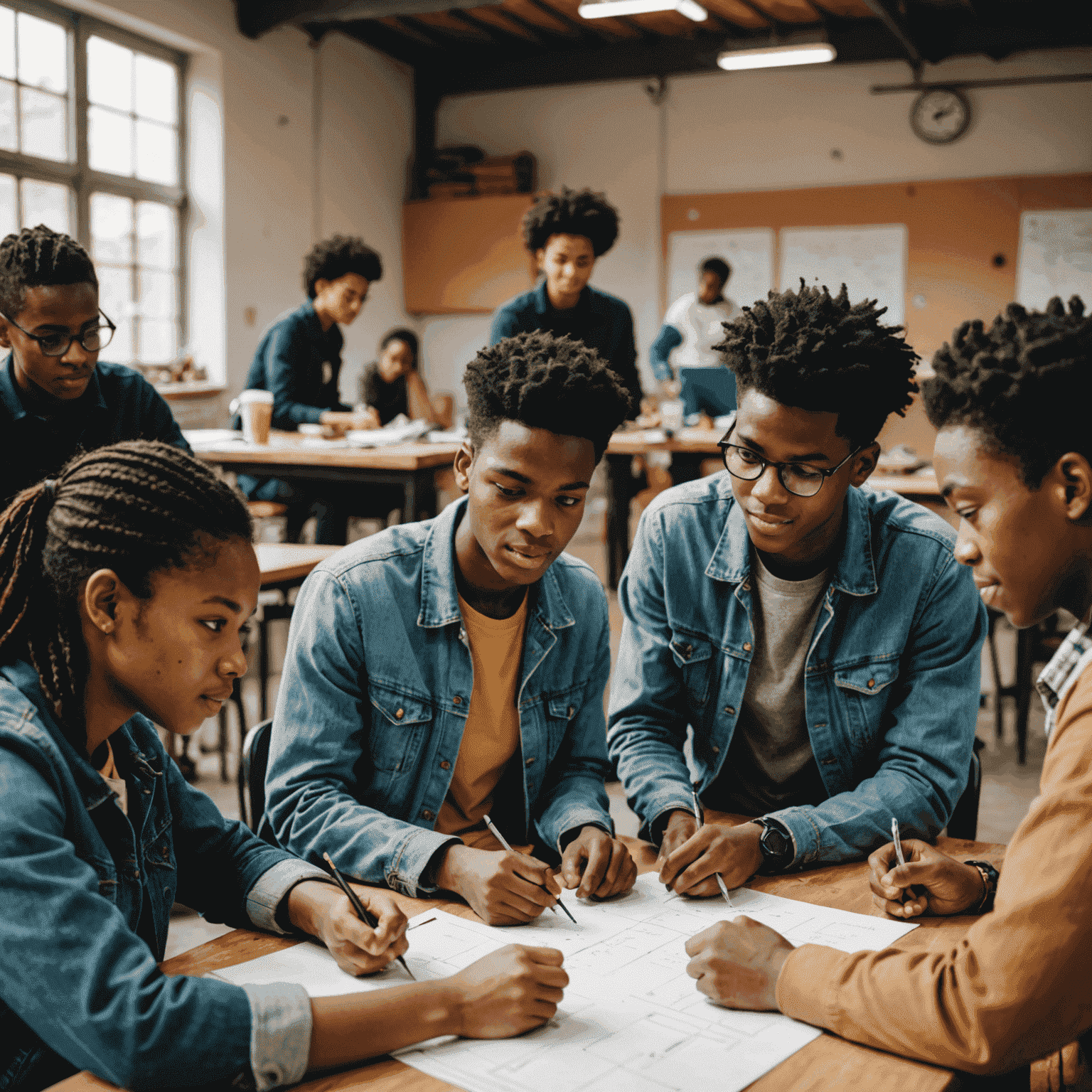 Junge Menschen in einem Workshop, die aktiv diskutieren und an Projekten arbeiten, symbolisieren Jugendförderung und Führungskräfteentwicklung